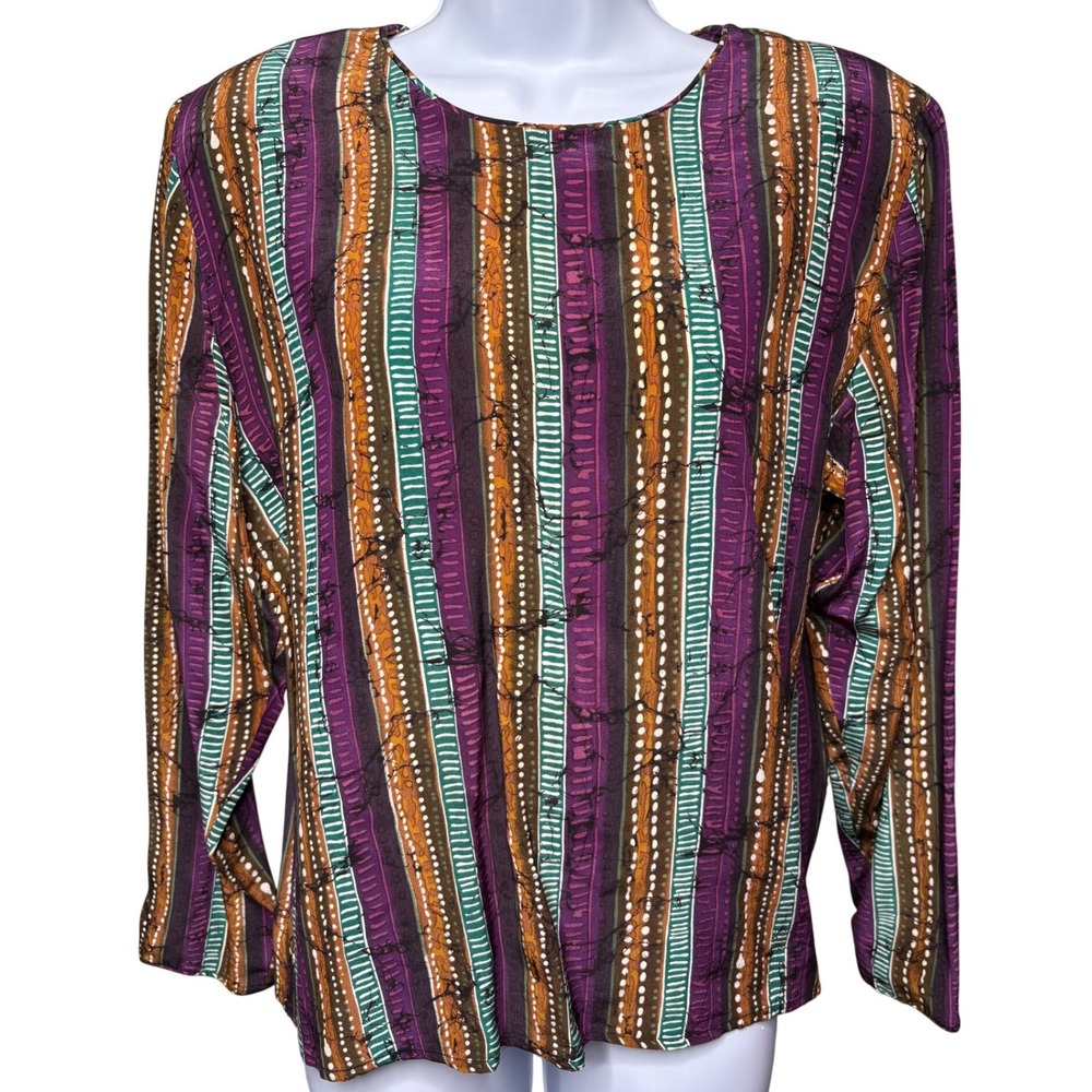 VTG 90s ANN TAYLOR Purple 100% Silk Multi Stripe Long Sleeve Blouse Sz 8 Retro